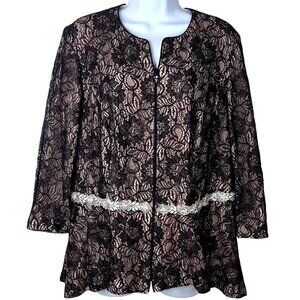 Alex Evenings Womens 1X  Black Lace Jacket w Beige Lining and Iridescent Beading